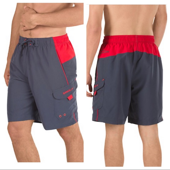 NWT Speedo Sport Volley Swim Trunks in Granite/Red - Picture 1 of 10